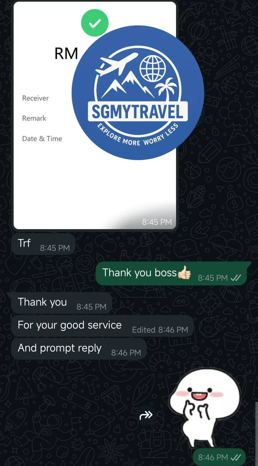WhatsApp chat with a customer thanking the driver for good service and a prompt reply