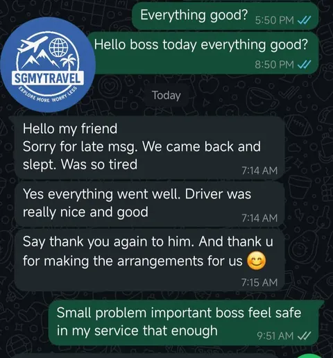 WhatsApp chat with a customer confirming the driver was nice and the trip went well