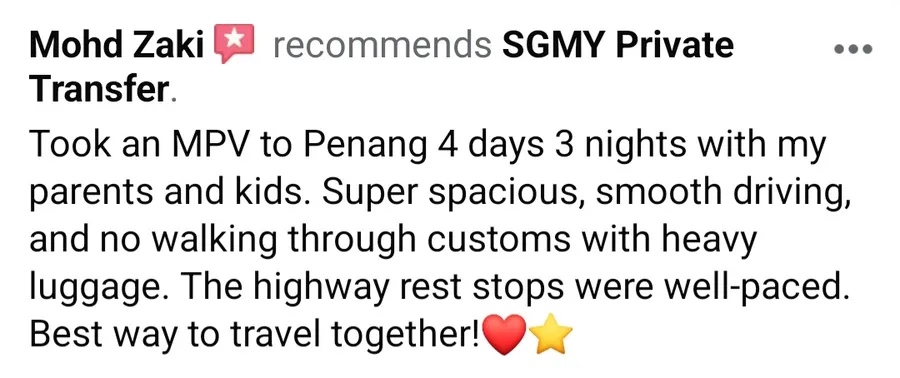 Facebook recommendation from Mohd Zaki describing a 4-day, 3-night Penang family trip in an MPV