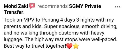 Facebook recommendation from Mohd Zaki describing a 4-day, 3-night Penang family trip in an MPV
