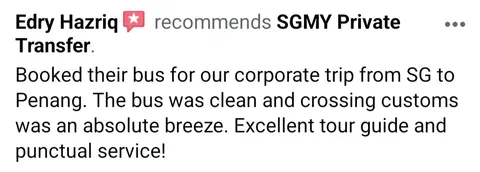 Facebook recommendation from Edry Hazriq about a corporate bus trip from Singapore to Penang