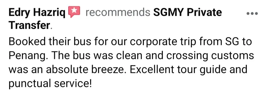 Facebook recommendation from Edry Hazriq about a corporate bus trip from Singapore to Penang