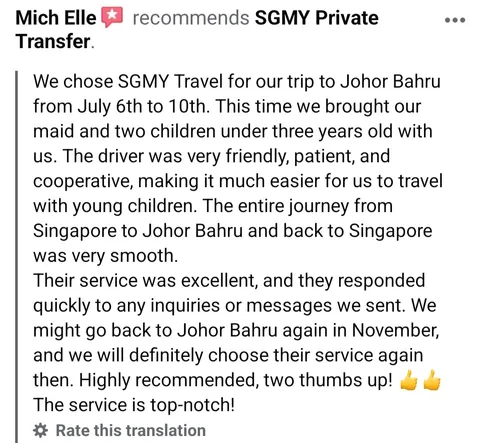 Facebook recommendation from Mich Elle about travelling to Johor Bahru with young children and a helper