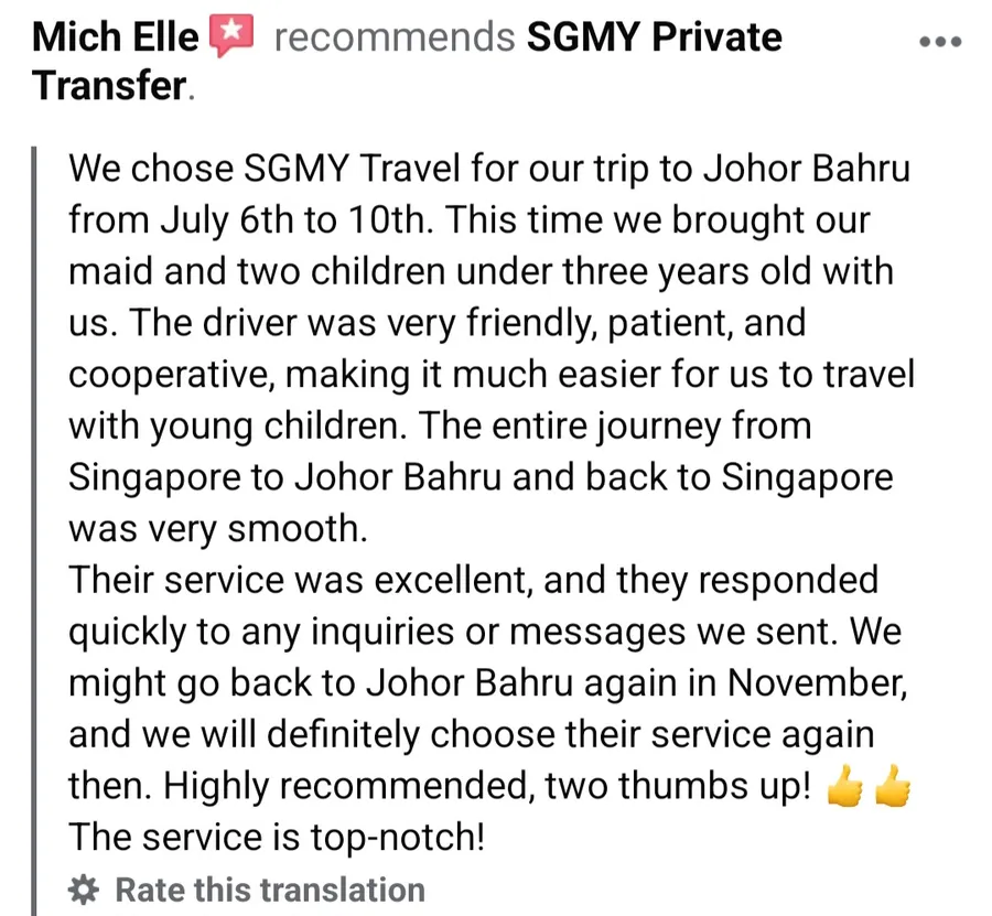 Facebook recommendation from Mich Elle about travelling to Johor Bahru with young children and a helper