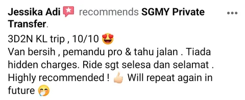 Facebook recommendation from Jessika Adi about a 3-day, 2-night Kuala Lumpur trip, rated 10 out of 10