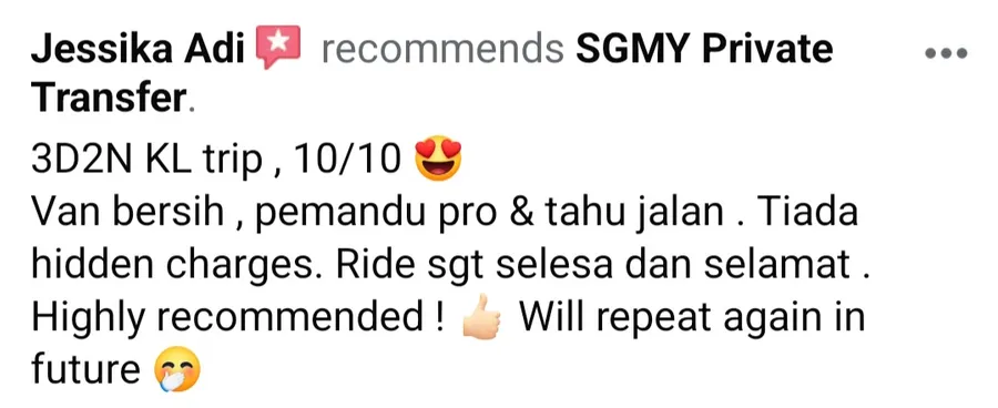 Facebook recommendation from Jessika Adi about a 3-day, 2-night Kuala Lumpur trip, rated 10 out of 10