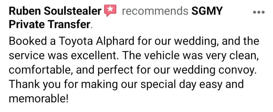 Facebook recommendation from Ruben Soulstealer about booking a Toyota Alphard for a wedding