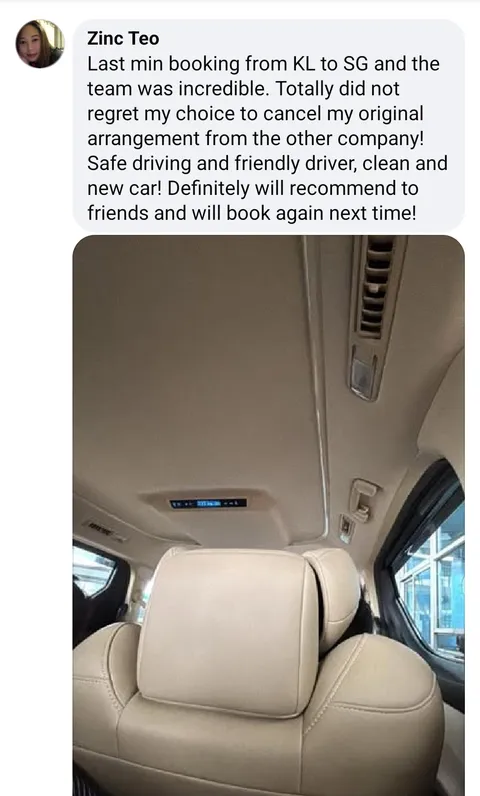Facebook message from Zinc Teo about a last-minute Kuala Lumpur to Singapore booking, with a photo of the vehicle interior