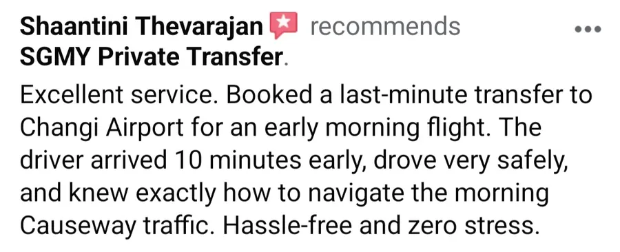 Facebook recommendation from Shaantini Thevarajan about an early-morning transfer to Changi Airport