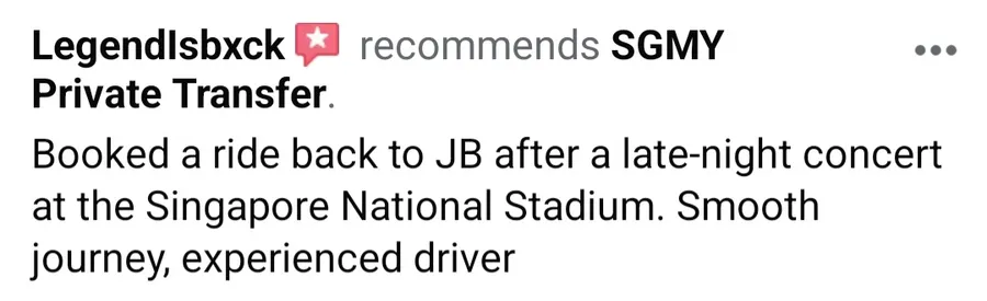 Facebook recommendation about a ride back to Johor Bahru after a concert at the Singapore National Stadium