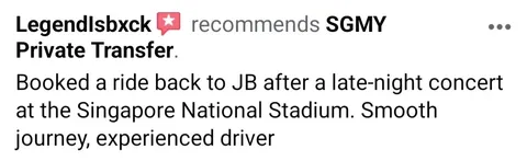 Facebook recommendation about a ride back to Johor Bahru after a concert at the Singapore National Stadium