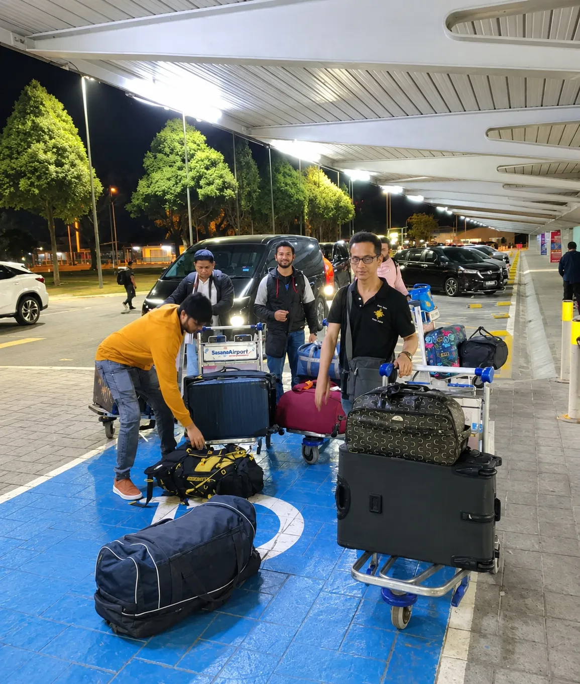 A group loading luggage onto an airport trolley at night
